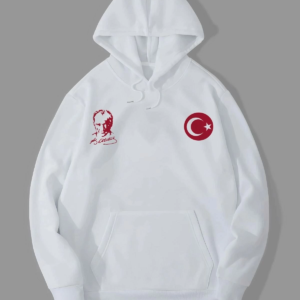 Erkek 10 Kasıma Özel 3 İplik Kapüşonlu Baskılı SweatShirt Hoodie - Beyaz