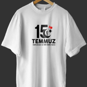 15 Temmuz Demokrasi ve Milli Birlik Günü Baskılı Oversize Bisiklet Yaka T-shirt - Beyaz