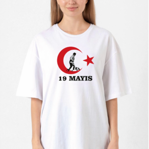 19 Mayıs Atatürk Gençlik Spor Bayramı Baskılı Bisiklet Yaka T-shirt - Beyaz