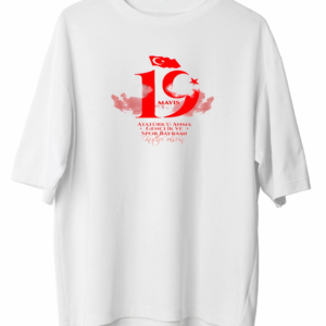 19 Mayıs Atatürk Temalı Gençlik ve Spor Bayramı Bisiklet Yaka T-shirt - Beyaz