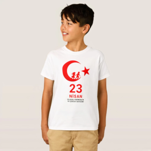 Çocuk 23 Nisan Ulusal Egemenlik ve Çocuk Bayramı Baskılı Bisiklet Yaka T-shirt - Beyaz