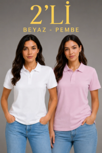 2'li Kadın Polo Yaka Pike Kumaş Düğmeli Basic Tişört Günlük Rahat Kesim - Beyaz, Pembe 2li Kadin Polo Yaka Pike Kumas Dugmeli Basic Tisort Gunluk Rahat Kesim Beyaz Pembe 43604653 Sw1024sh1536 200x300