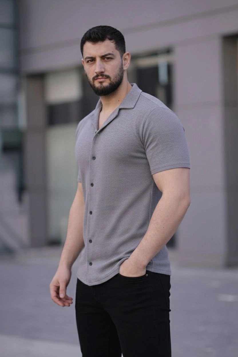 6978cc12e5d93-87998043-sw832sh1248 Erkek Waffle Kumaş Kısa Kollu Düğmeli Açık Yaka Regular Fit Gömlek - Gri - Görsel 2