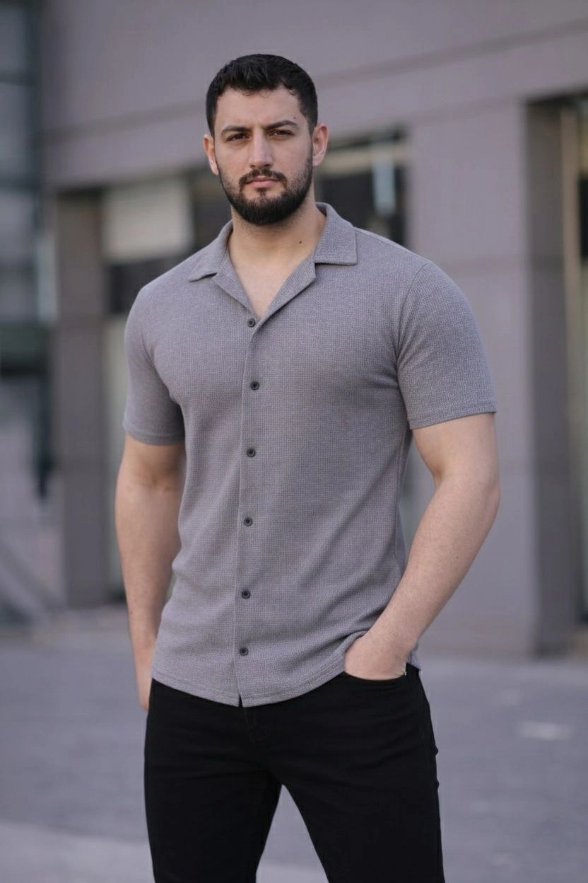 6978cc12ee6e1-66888781-sw832sh1248 Erkek Waffle Kumaş Kısa Kollu Düğmeli Açık Yaka Regular Fit Gömlek - Gri