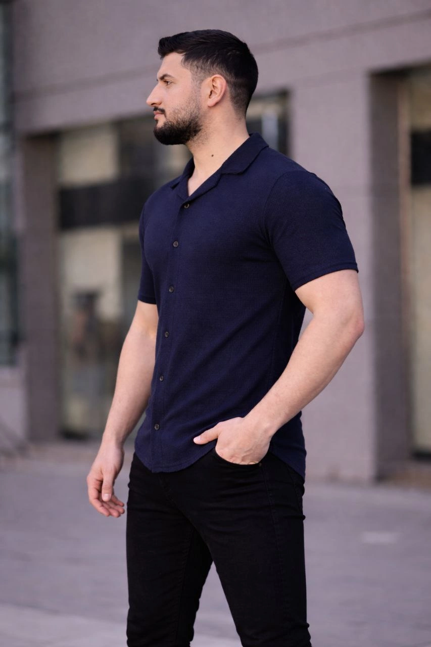 6978cd0853f4a-98836153-sw853sh1280 Erkek Waffle Kumaş Kısa Kollu Düğmeli Açık Yaka Regular Fit Gömlek - Lacivert