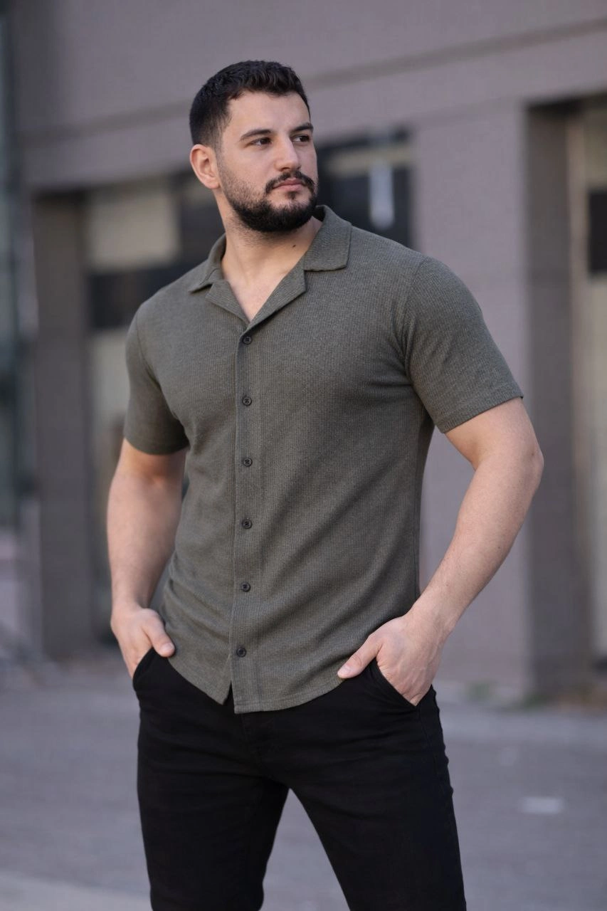 6978cee114607-78501080-sw853sh1280 Erkek Waffle Kumaş Kısa Kollu Düğmeli Açık Yaka Regular Fit Gömlek - Haki