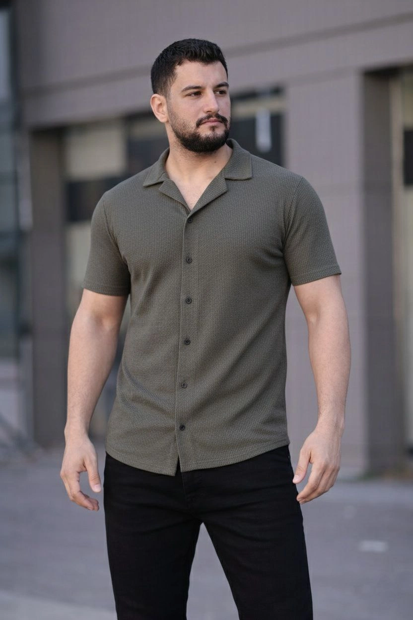 6978cee114dfa-79693599-sw832sh1248 Erkek Waffle Kumaş Kısa Kollu Düğmeli Açık Yaka Regular Fit Gömlek - Haki - Görsel 2