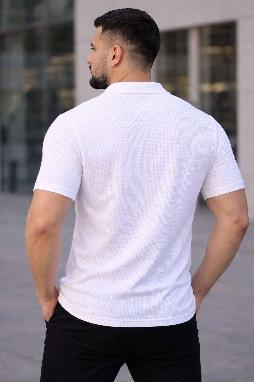 6978cf792ce6b-91132561-sw853sh1280 Erkek Waffle Kumaş Kısa Kollu Düğmeli Açık Yaka Regular Fit Gömlek - Beyaz - Görsel 2