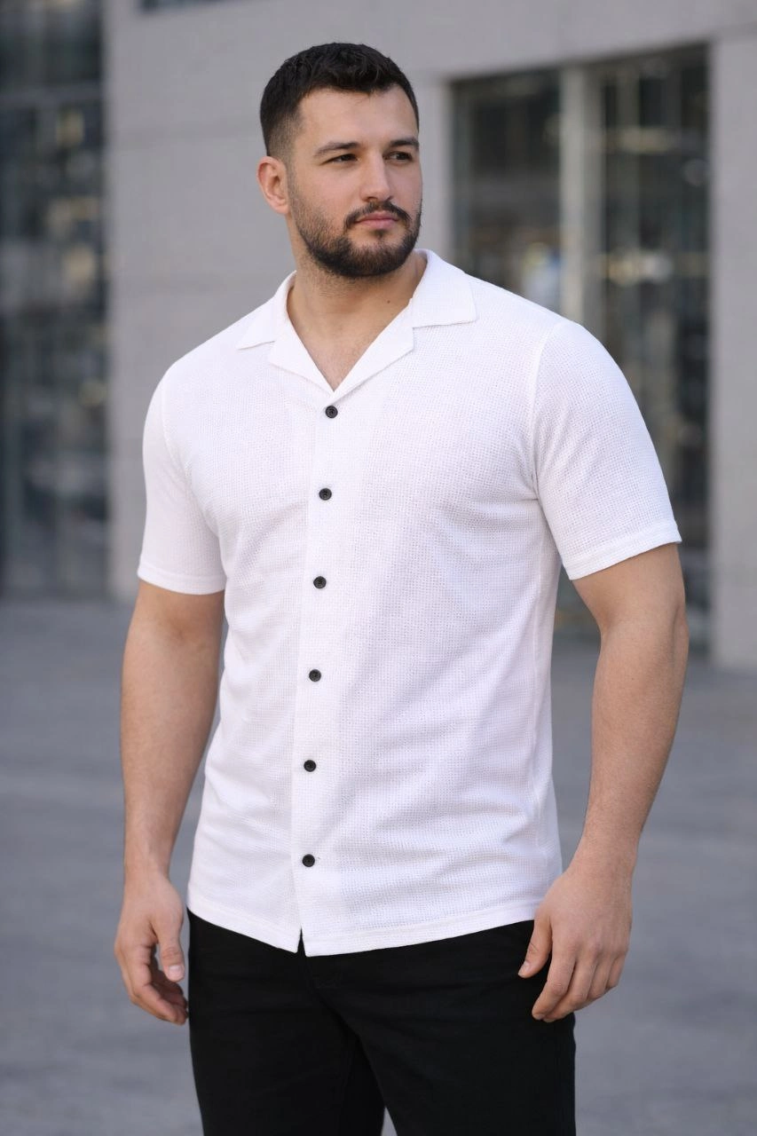6978cf792d809-615971-sw853sh1280 Erkek Waffle Kumaş Kısa Kollu Düğmeli Açık Yaka Regular Fit Gömlek - Beyaz