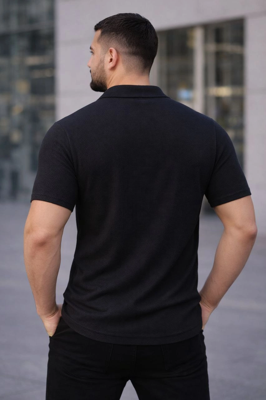 6978d00d96a5a-55518152-sw853sh1280 Erkek Waffle Kumaş Kısa Kollu Düğmeli Açık Yaka Regular Fit Gömlek - Siyah - Görsel 2
