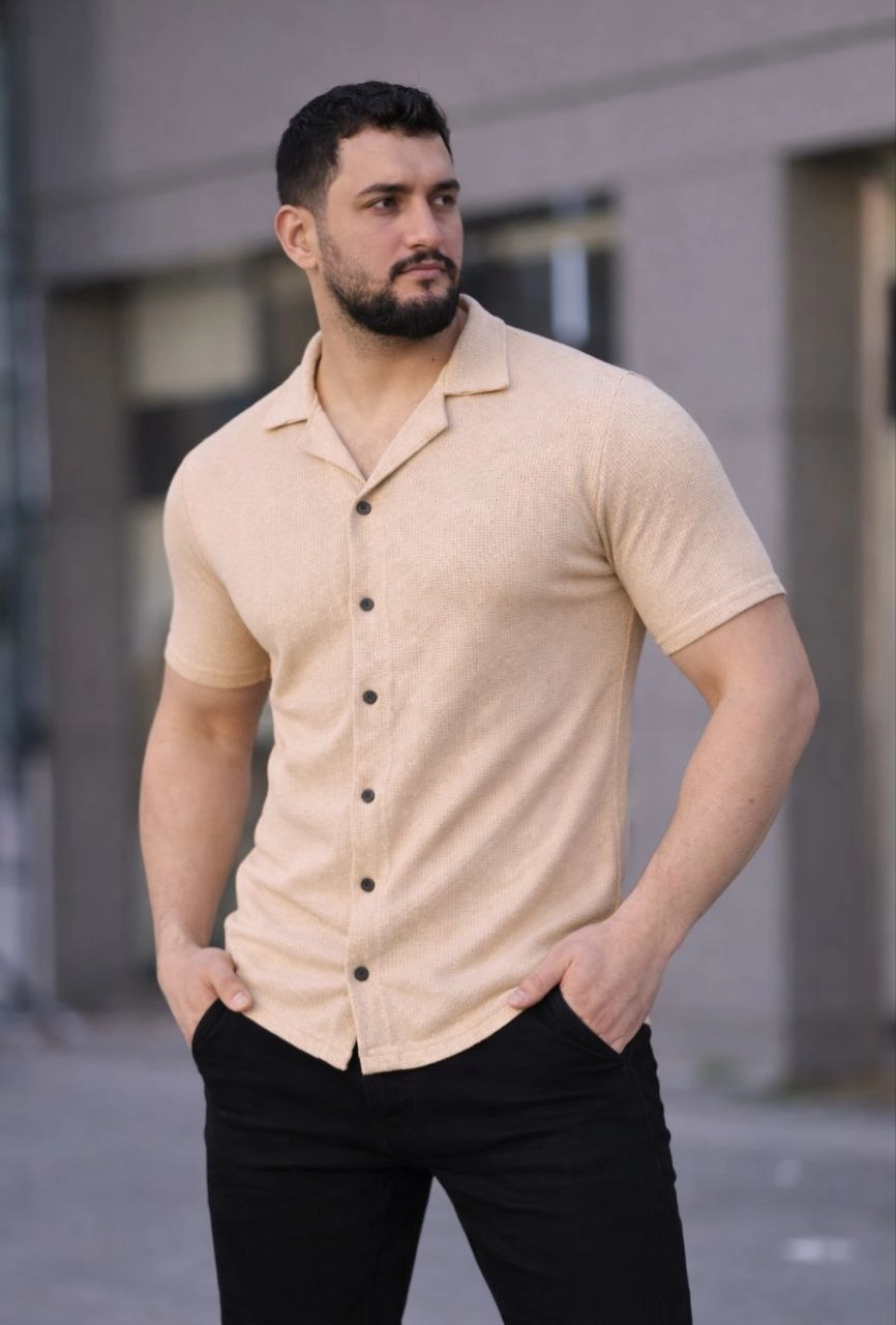 6978d13d46dfe-3822943-sw866sh1280 Erkek Waffle Kumaş Kısa Kollu Düğmeli Açık Yaka Regular Fit Gömlek - Bej