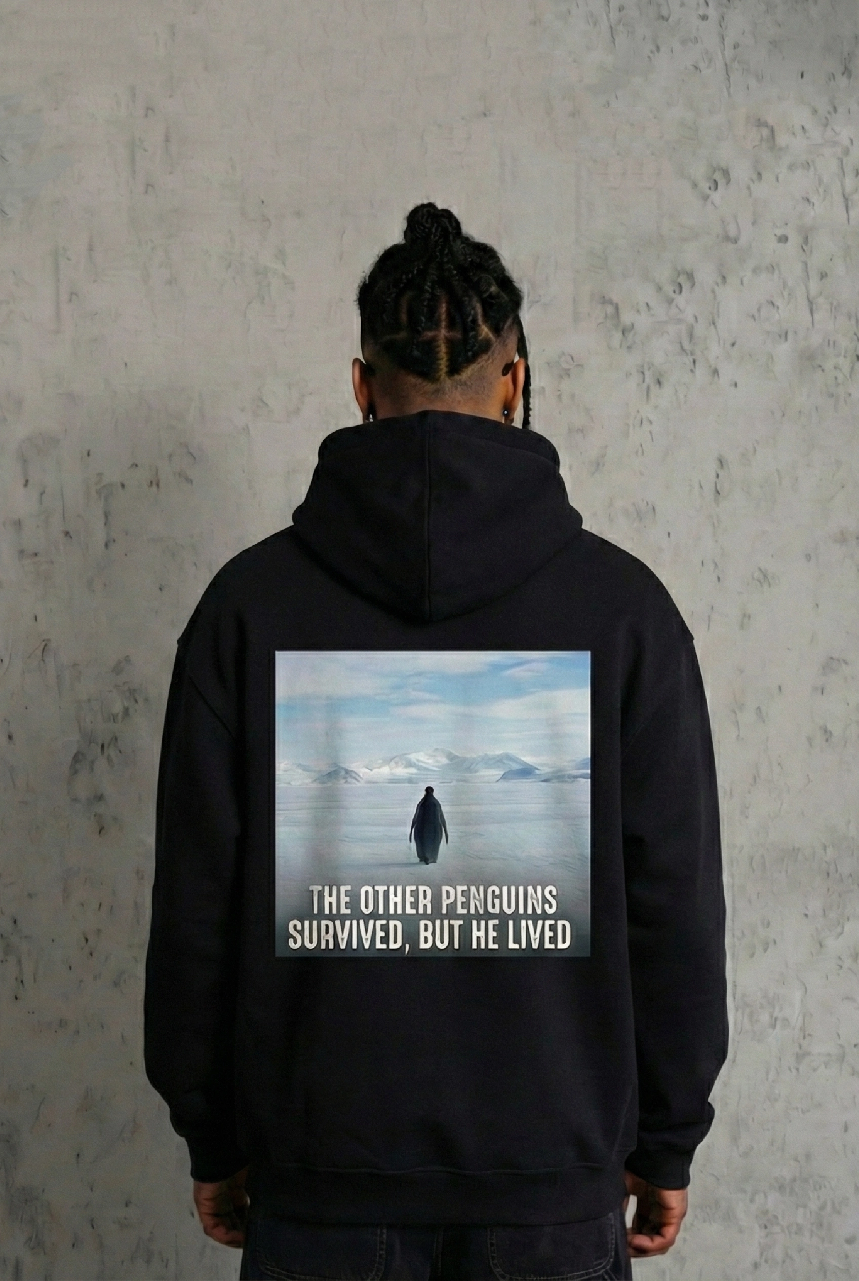 697a5e37ecbd2-58338932-sw1696sh2528 Erkek Survivor Penguin Baskılı 3 İplik Pamuklu Kapüşonlu Sweatshirt Hoodie Siyah - Görsel 2