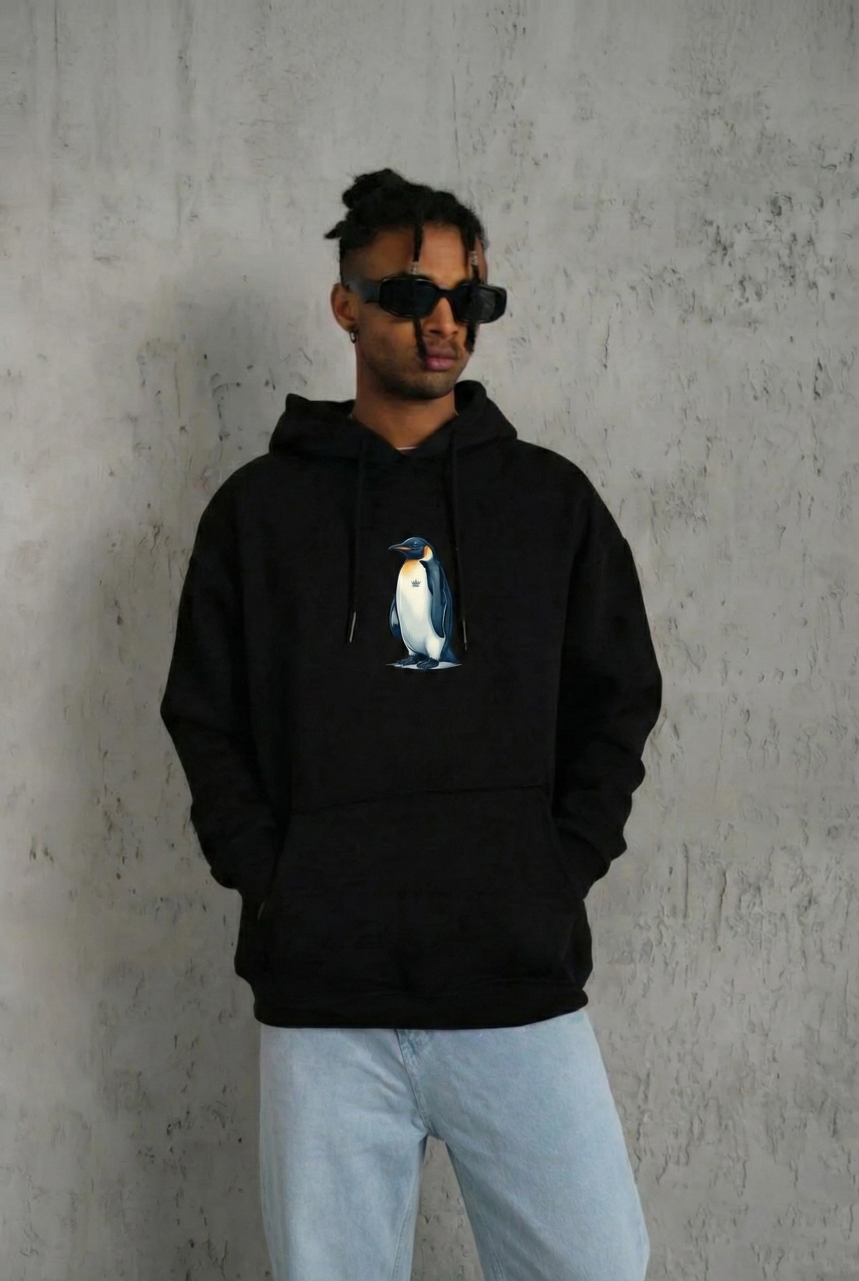 697a5e3823530-64181086-sw1696sh2528 Erkek Survivor Penguin Baskılı 3 İplik Pamuklu Kapüşonlu Sweatshirt Hoodie Siyah