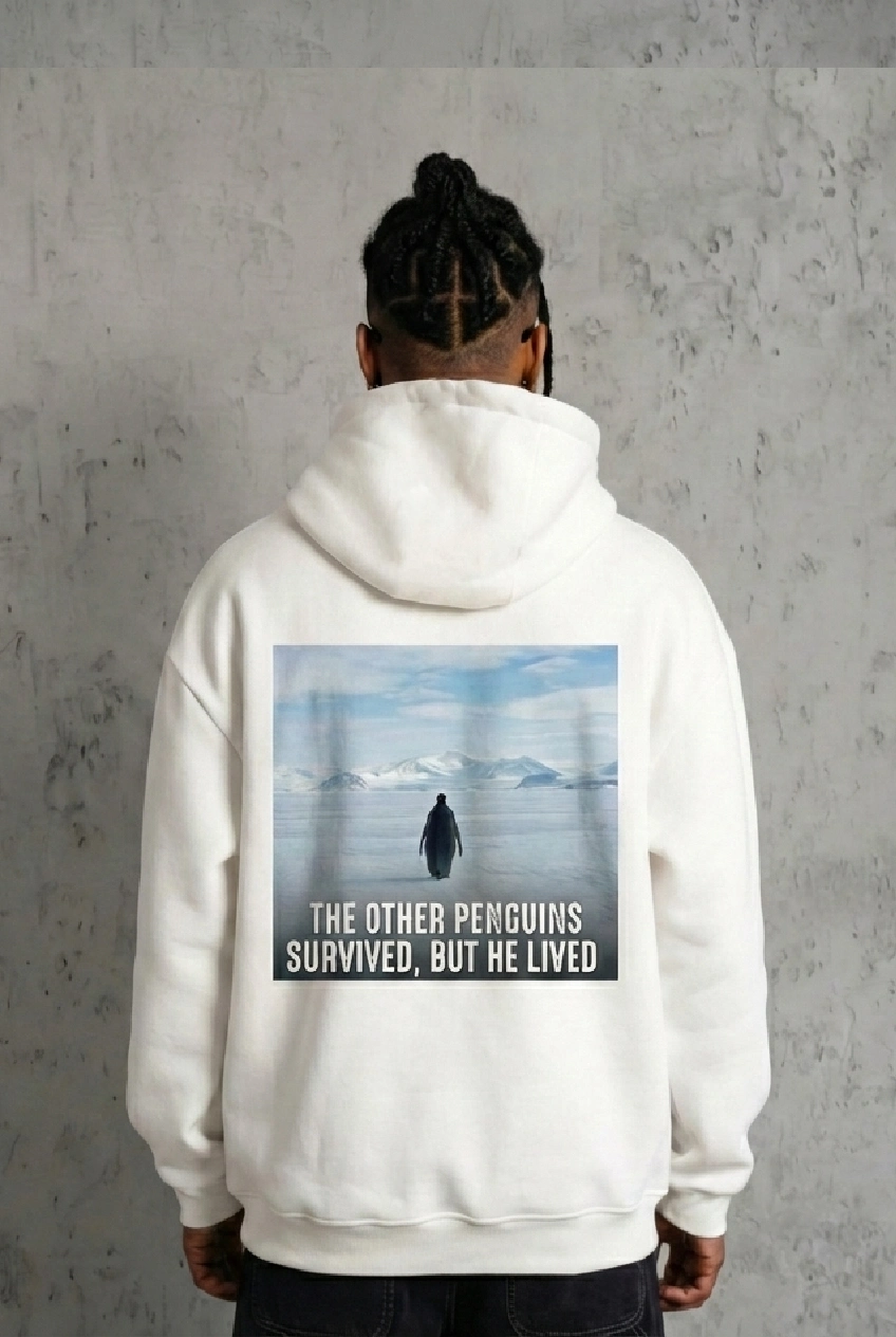 697a5ea35f563-95674034-sw848sh1264 Erkek Survivor Penguin Baskılı 3 İplik Pamuklu Kapüşonlu Sweatshirt Hoodie Beyaz
