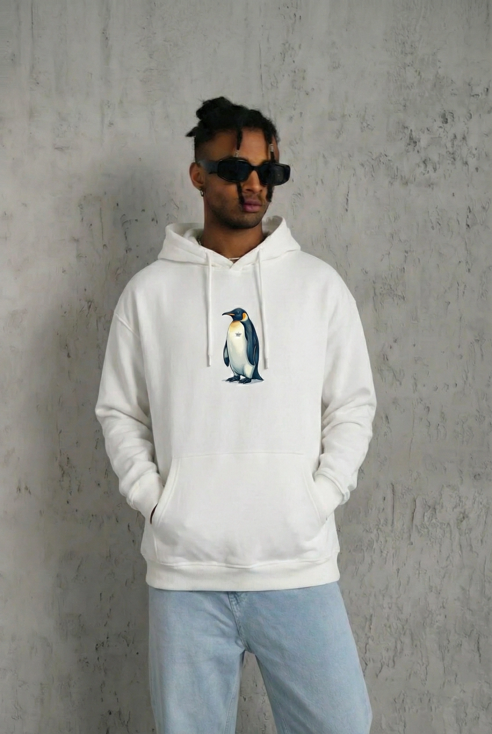 697a5ea65d379-34619250-sw1696sh2528 Erkek Survivor Penguin Baskılı 3 İplik Pamuklu Kapüşonlu Sweatshirt Hoodie Beyaz - Görsel 2