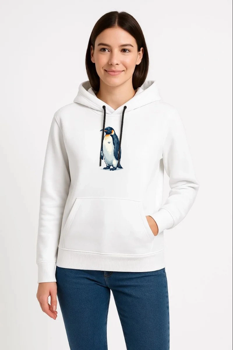 697b48138d4b3-97545177-sw800sh1200 Kadın 3 İplik Pamuklu Kapüşonlu Hoodie Sweatshirt Survivor Penguen Baskılı - Beyaz