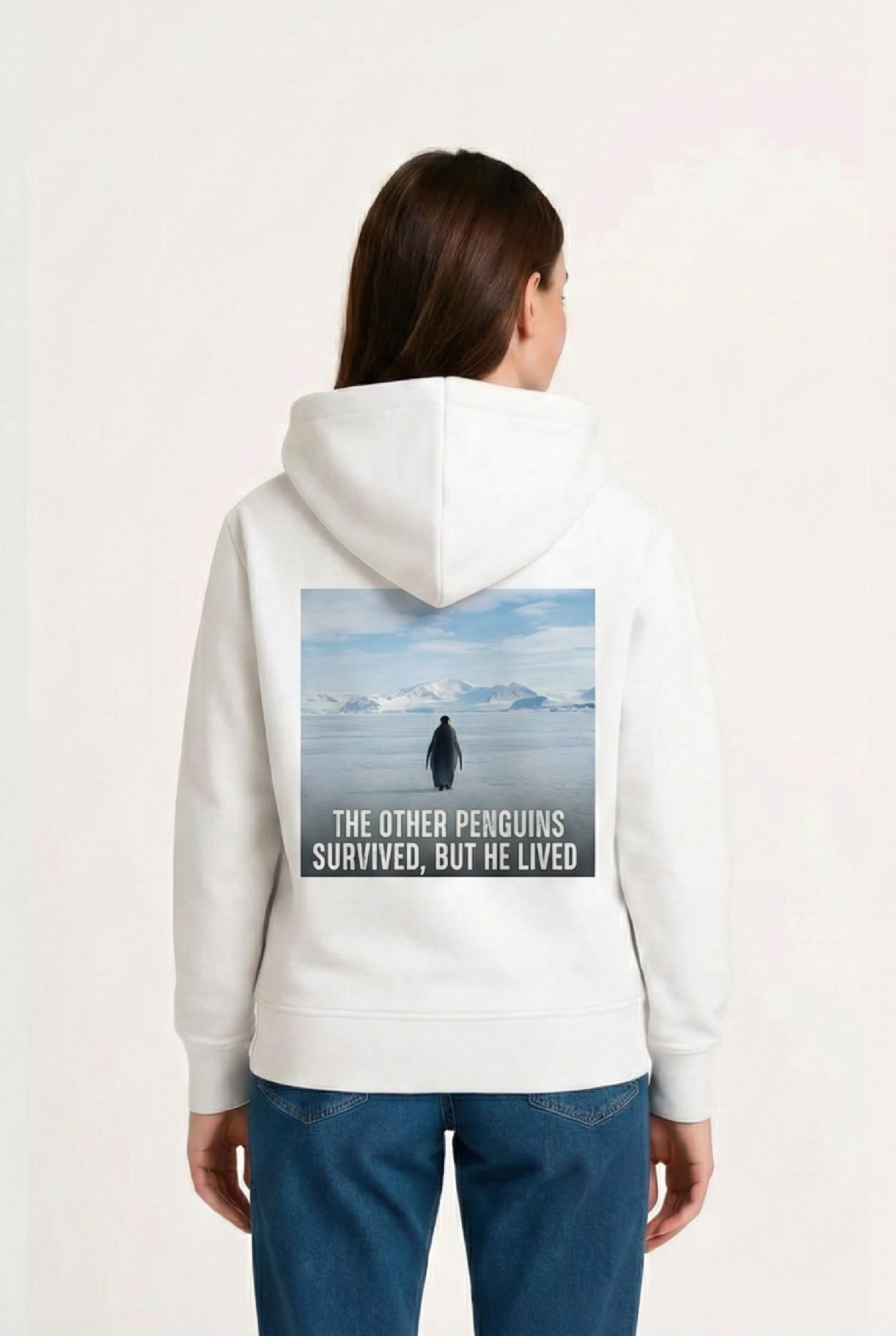 697b481ba0bb6-73308339-sw1696sh2528 Kadın 3 İplik Pamuklu Kapüşonlu Hoodie Sweatshirt Survivor Penguen Baskılı - Beyaz - Görsel 2