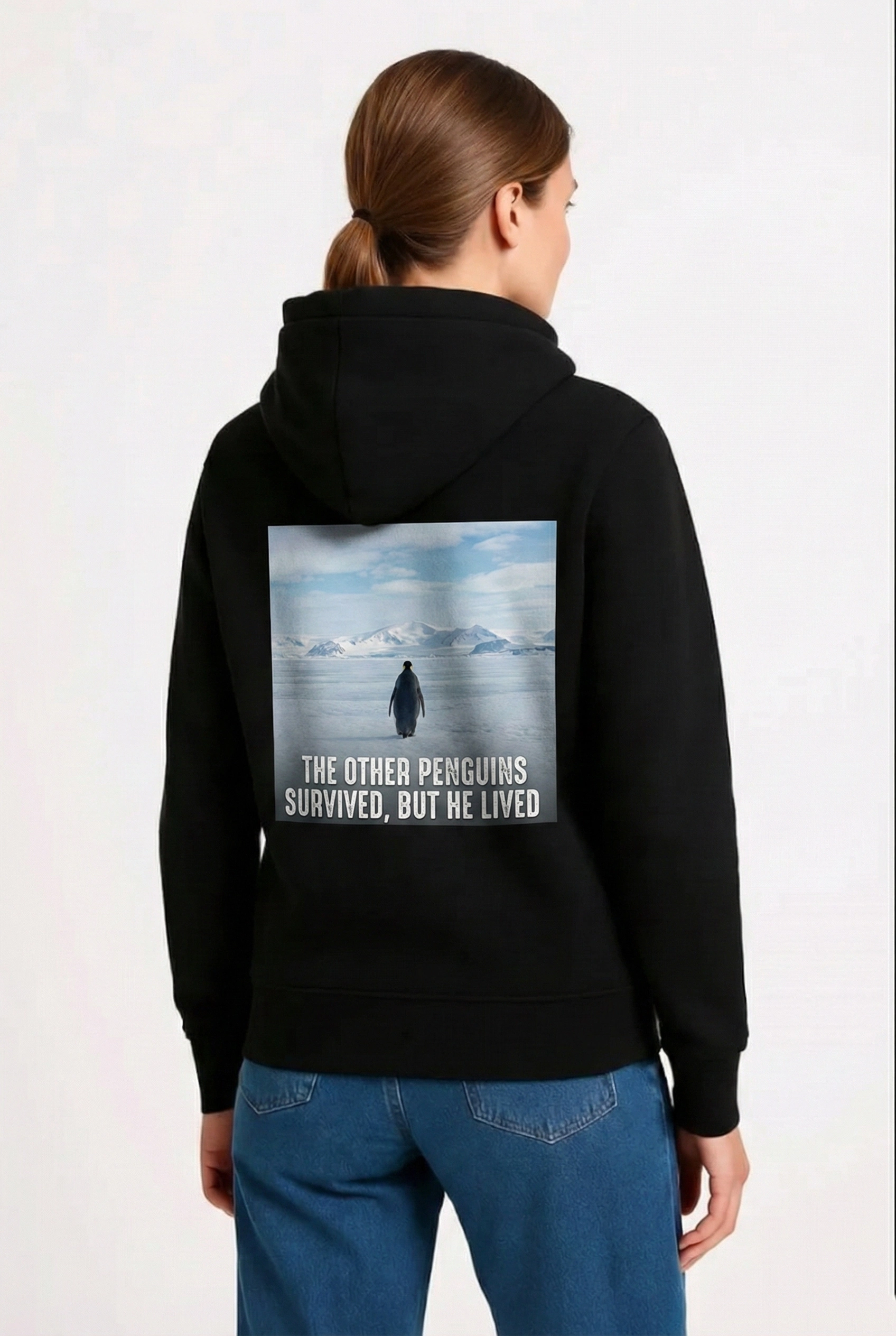 697b48db82790-44482268-sw1696sh2528 Kadın 3 İplik Pamuklu Kapüşonlu Hoodie Sweatshirt Survivor Penguen Baskılı - Siyah