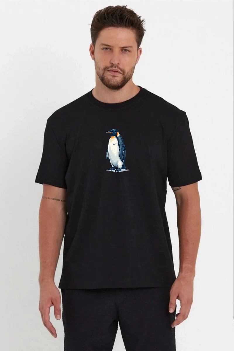 697b4b2157bcb-62796396-sw800sh1200 Erkek T-Shirt Penguen Baskılı Bisiklet Yaka Kısa kol yazlık Tişört - Siyah
