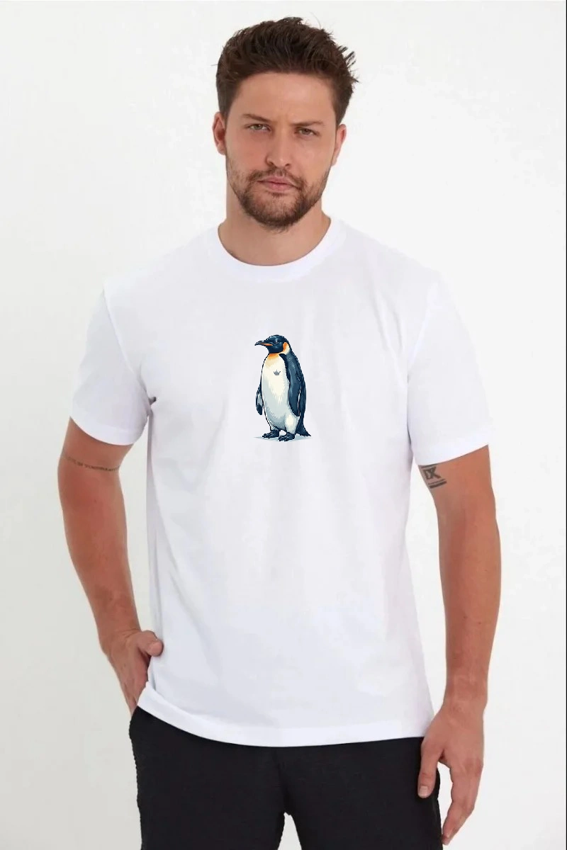 697b4b6a73bf1-94887655-sw800sh1200 Erkek T-Shirt Penguen Baskılı Bisiklet Yaka Kısa kol yazlık Tişört - Beyaz - Görsel 2