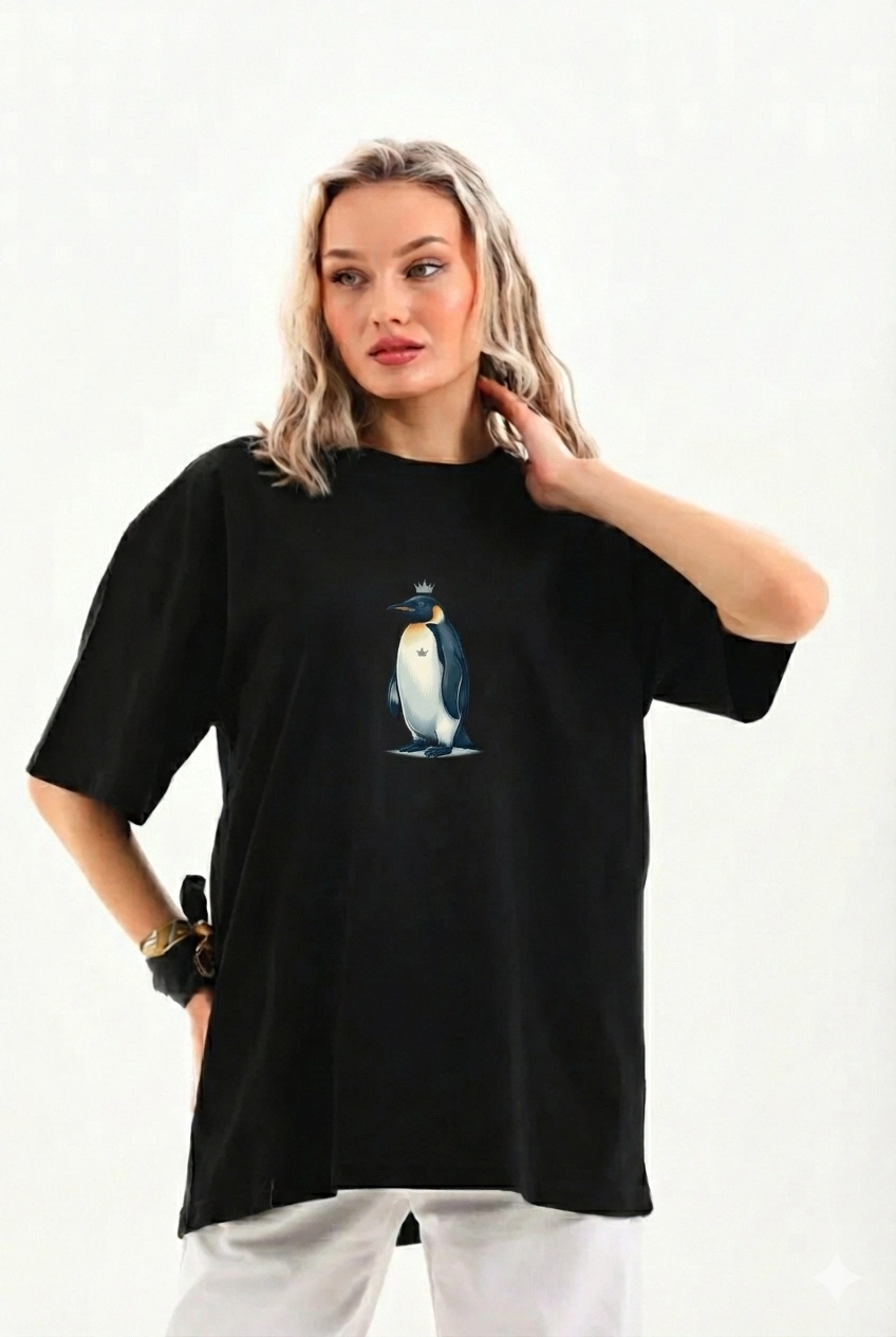 697b511ec7724-88763754-sw848sh1264 Kadın T-Shirt Penguen Baskılı Bisiklet Yaka Kısa kol yazlık Tişört - Siyah - Görsel 2