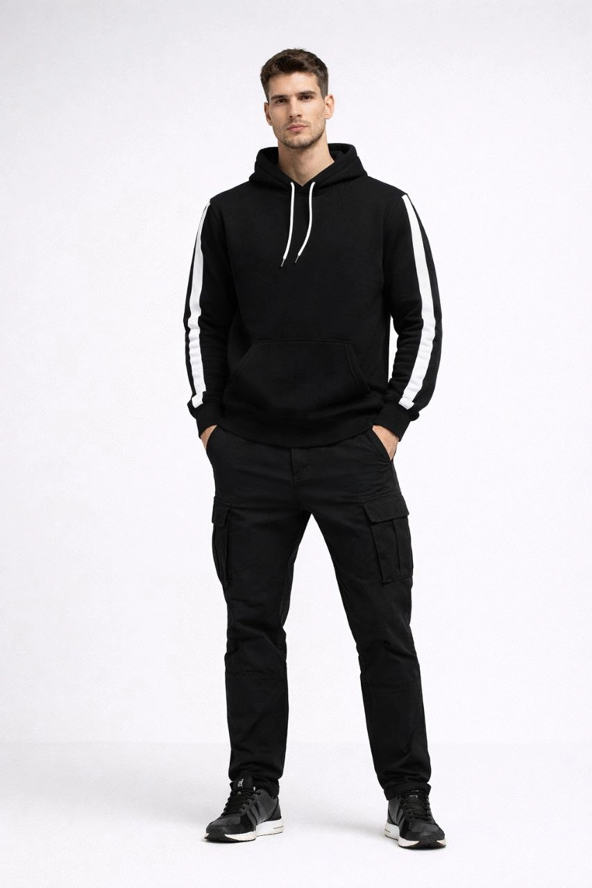 697cd49562a7d-28599627-sw853sh1280 Erkek Şeritli Kapüşonlu Sweatshirt Oversize 3 iplik Pamuklu Hoodie - Siyah