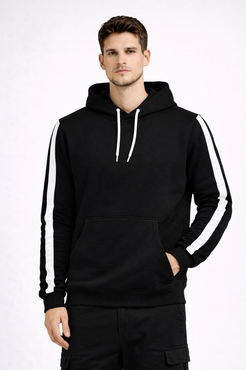 697cd49565020-18669044-sw853sh1280 Erkek Şeritli Kapüşonlu Sweatshirt Oversize 3 iplik Pamuklu Hoodie - Siyah - Görsel 2