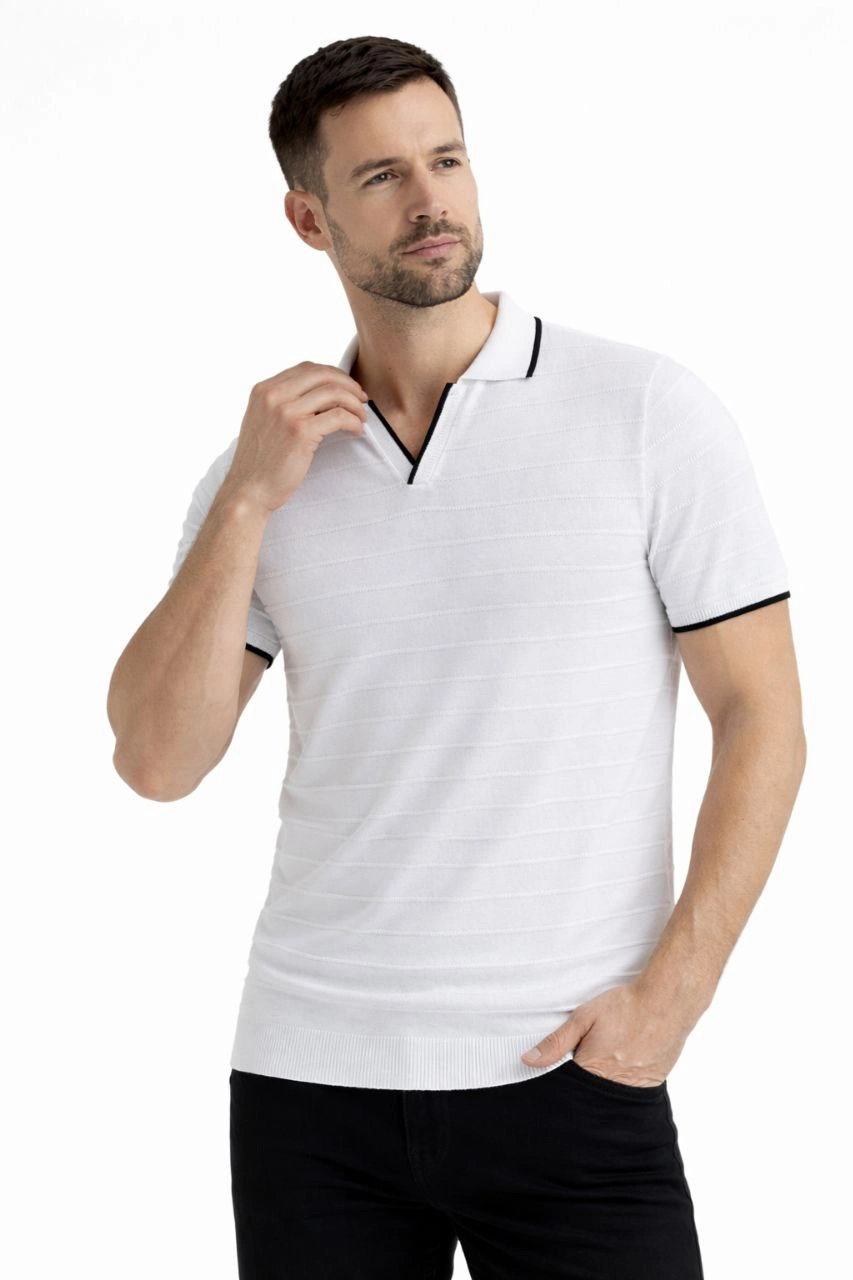 697f67757ba47-44839863-sw853sh1280 Erkek Kısa kol Fitilli Triko Polo Yaka Düğmesiz T-shirt 2'li Set Beyaz-Siyah - Görsel 2