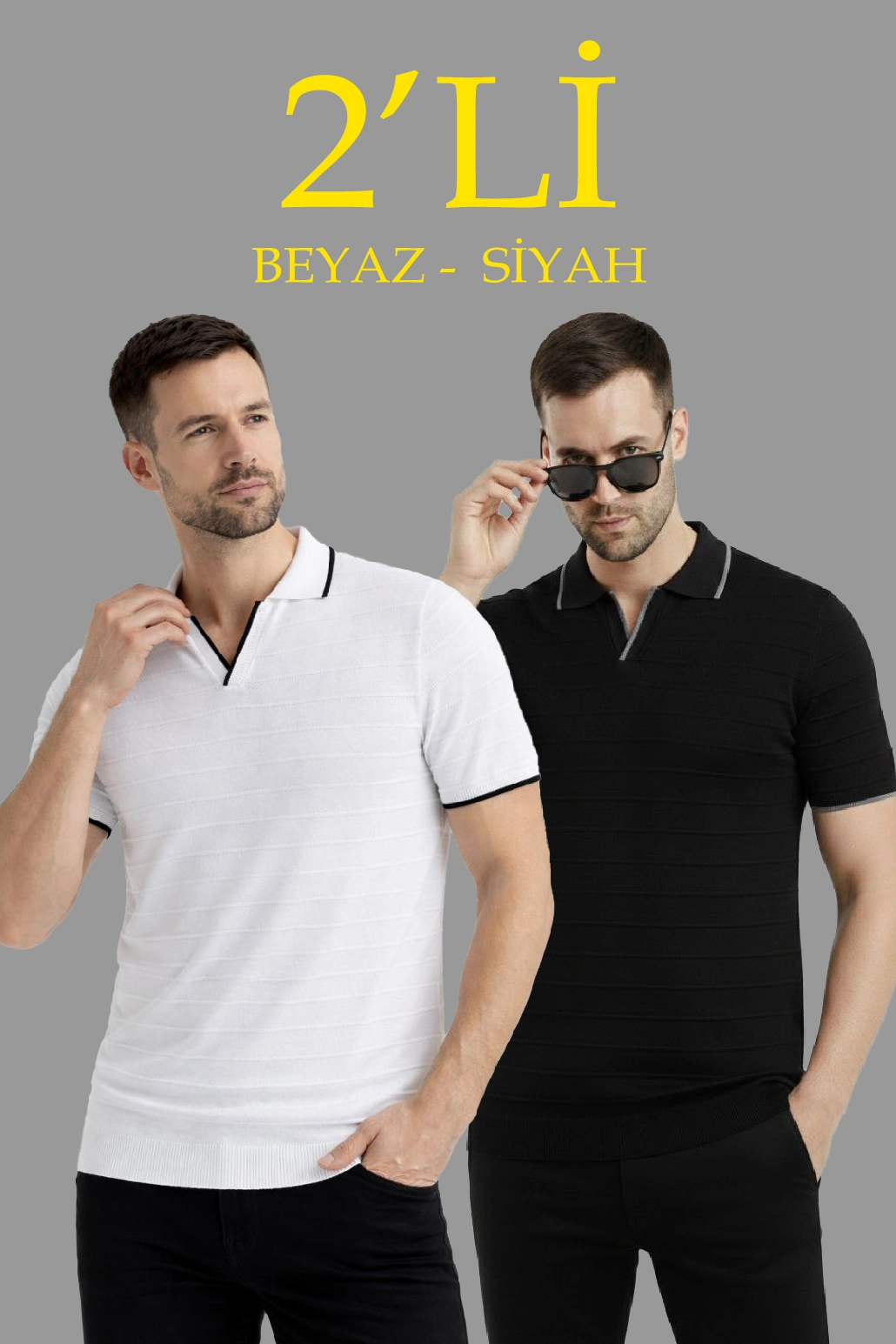 697f6775efa54-51054545-sw1030sh1545 Erkek Kısa kol Fitilli Triko Polo Yaka Düğmesiz T-shirt 2'li Set Beyaz-Siyah