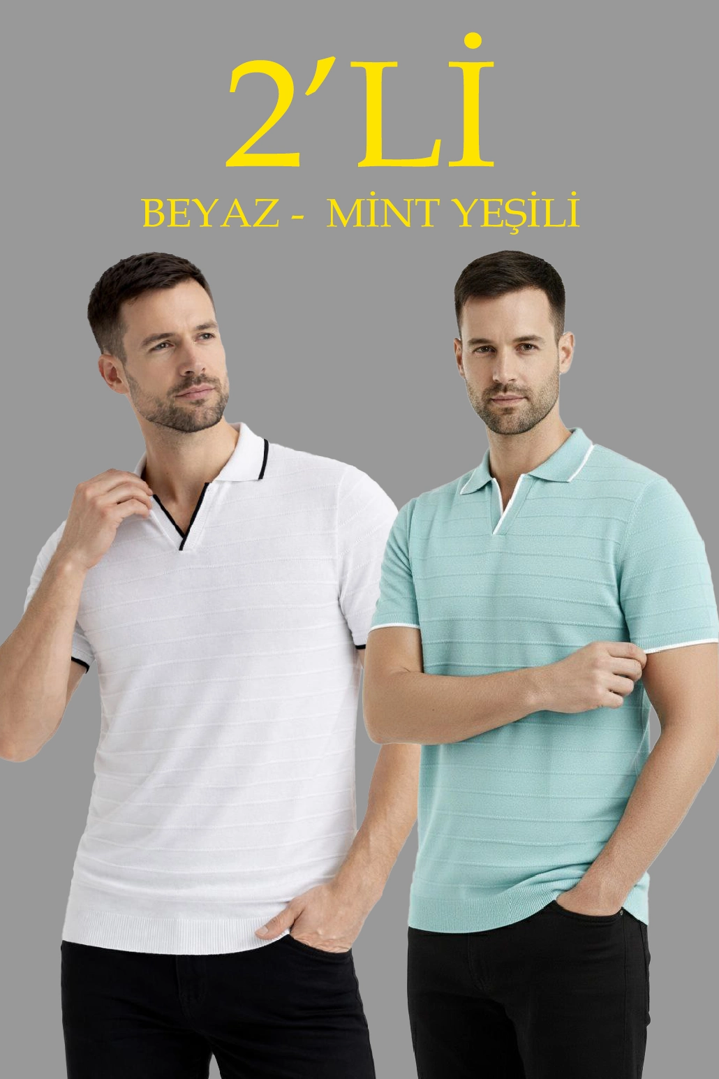 697f6855d3ba1-71626529-sw1030sh1545 Erkek Kısa kol Fitilli Triko Polo Yaka Düğmesiz T-shirt 2'li Set Beyaz-Mint Yeşili
