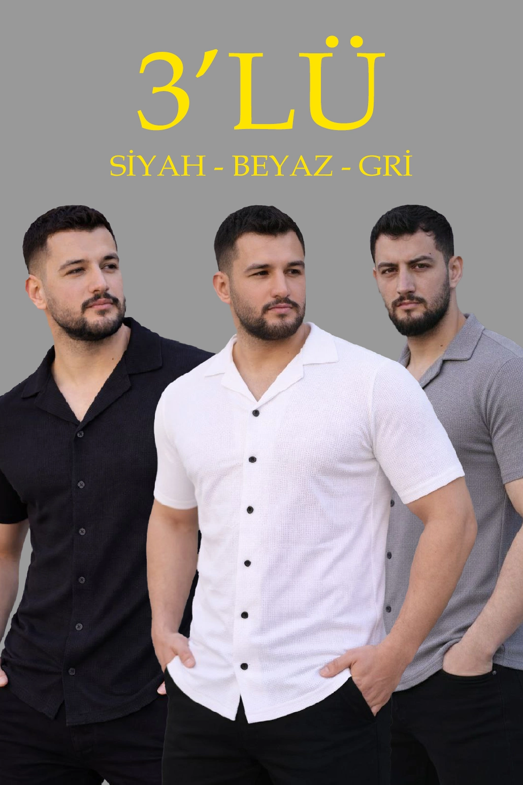 69808037c174a-82942153-sw1030sh1545 Erkek Waffle Kumaş Yazlık Yakalı Kısa Kol Düğmeli Gömlek 3’lü Set Siyah-Beyaz-Gri