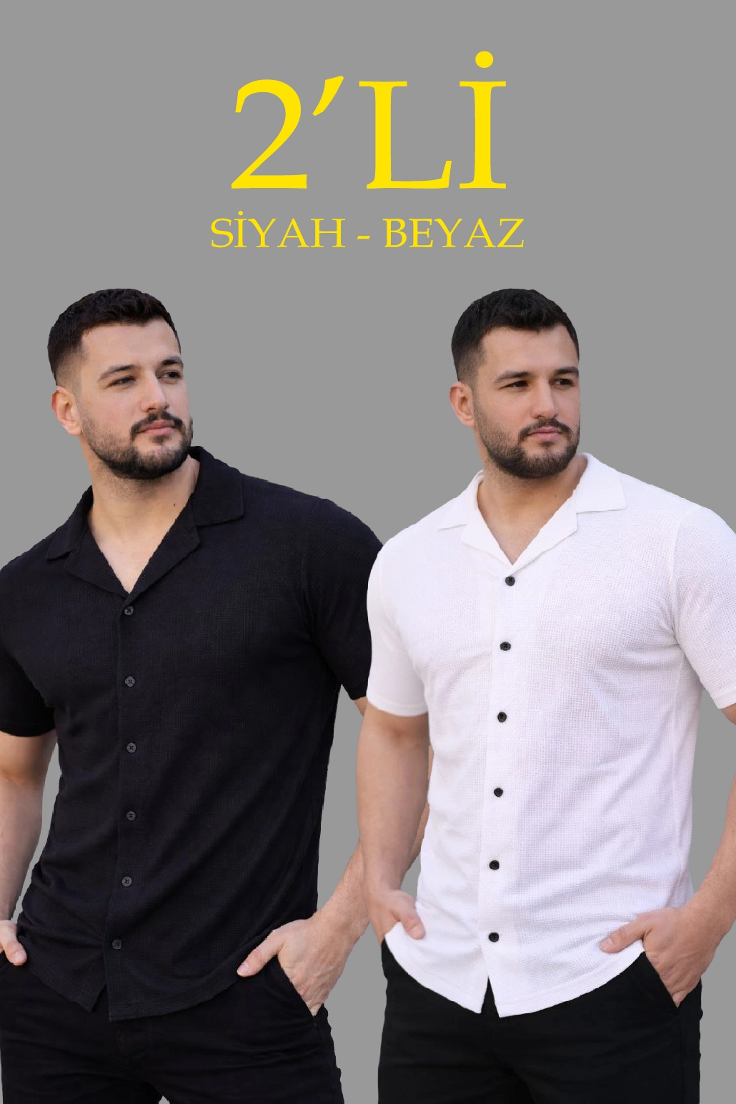 69808317f06f7-95646415-sw1030sh1545 Erkek Waffle Kumaş Açık Yakalı Düğmeli Regular Fit Gömlek 2’li Set Siyah-Beyaz