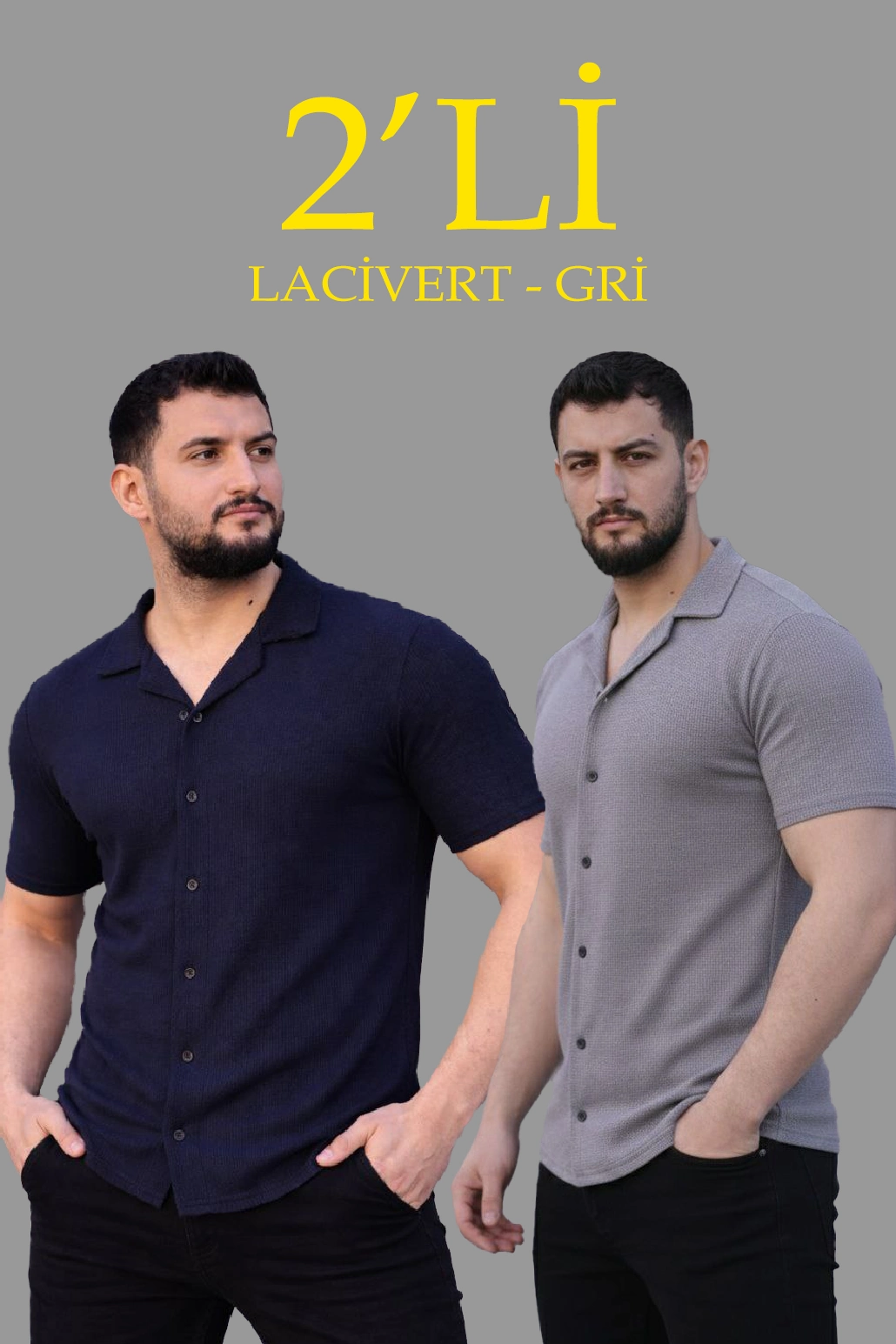 6980850a40158-21715828-sw1030sh1545 Erkek Waffle Kumaş Açık Yakalı Düğmeli Regular Fit Gömlek 2’li Set Lacivert-Gri