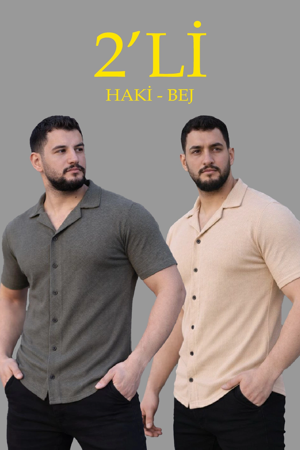 6980863e4222a-41619647-sw1030sh1545 Erkek Waffle Dokuma Kumaş Açık Yakalı Düğmeli Gömlek 2’li Set Haki-Bej