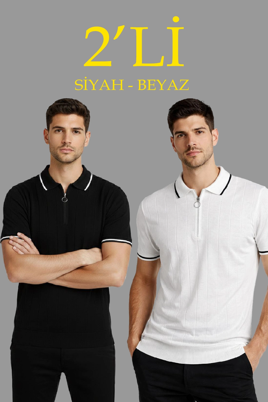 6980da668c791-52335496-sw1030sh1545 Erkek Triko Tişört Fermuarlı Polo Yaka Yazlık Kısa Kol T-Shirt 2’li Set Beyaz-Siyah