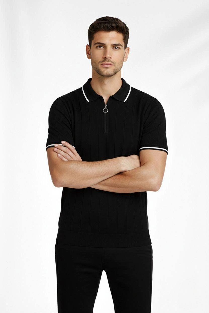 6980da839c9d2-97630831-sw832sh1248 Erkek Triko Tişört Fermuarlı Polo Yaka Yazlık Kısa Kol T-Shirt 2’li Set Haki-Siyah - Görsel 2