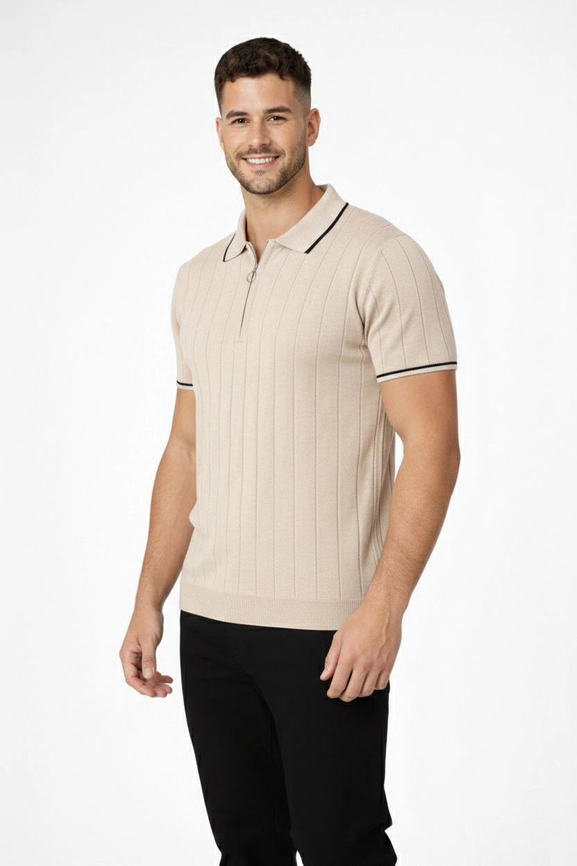 6980dcb5ccc60-93714911-sw832sh1248 Erkek Triko Tişört Fermuarlı Polo Yakal Yazlık Kısa Kol T-Shirt 2’li Set Bej-Siyah - Görsel 2