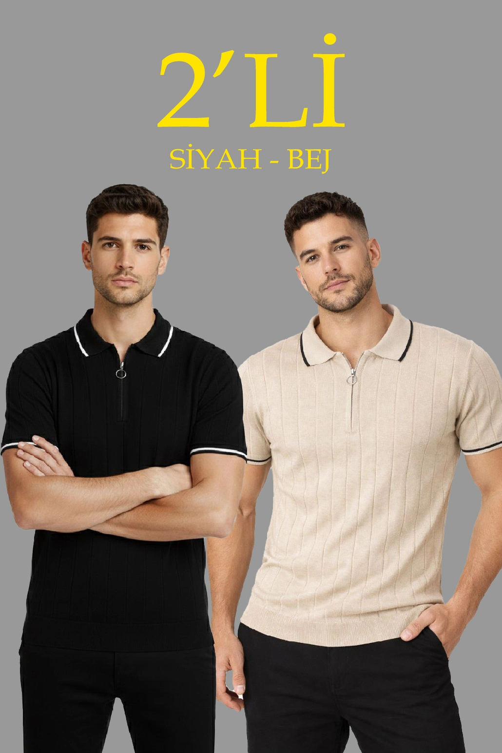 6980dcb67aa25-32121553-sw1030sh1545 Erkek Triko Tişört Fermuarlı Polo Yakal Yazlık Kısa Kol T-Shirt 2’li Set Bej-Siyah