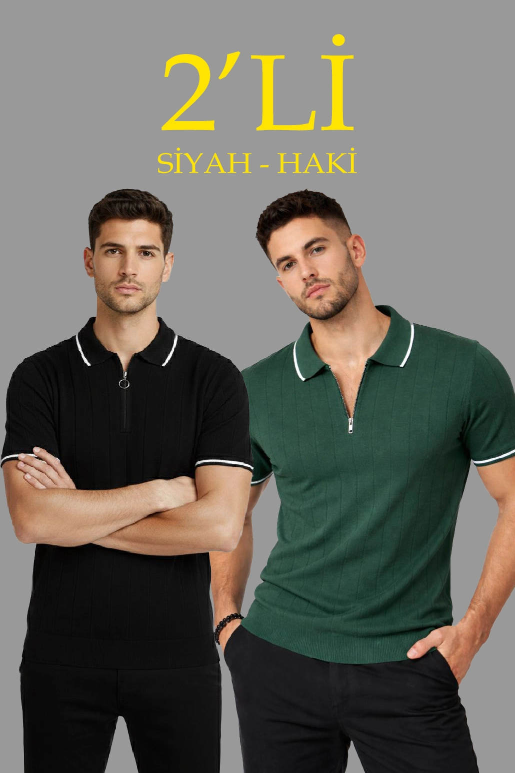 6980dcf64d1c4-20709448-sw1030sh1545 Erkek Triko Tişört Fermuarlı Polo Yaka Yazlık Kısa Kol T-Shirt 2’li Set Haki-Siyah