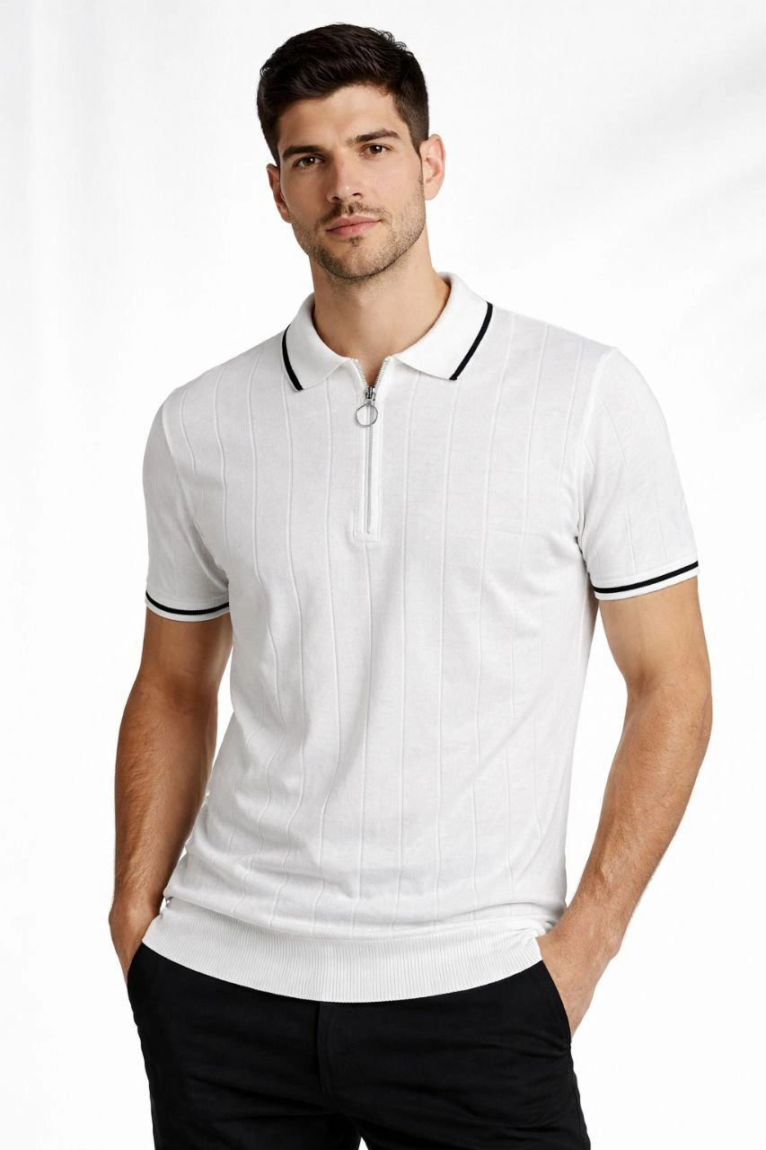 6980de04ded40-16311654-sw853sh1280 Erkek Triko Tişört Fermuarlı Polo Yaka Kısa Kol T-Shirt 3’lü Set Beyaz-Haki-Siyah - Görsel 2