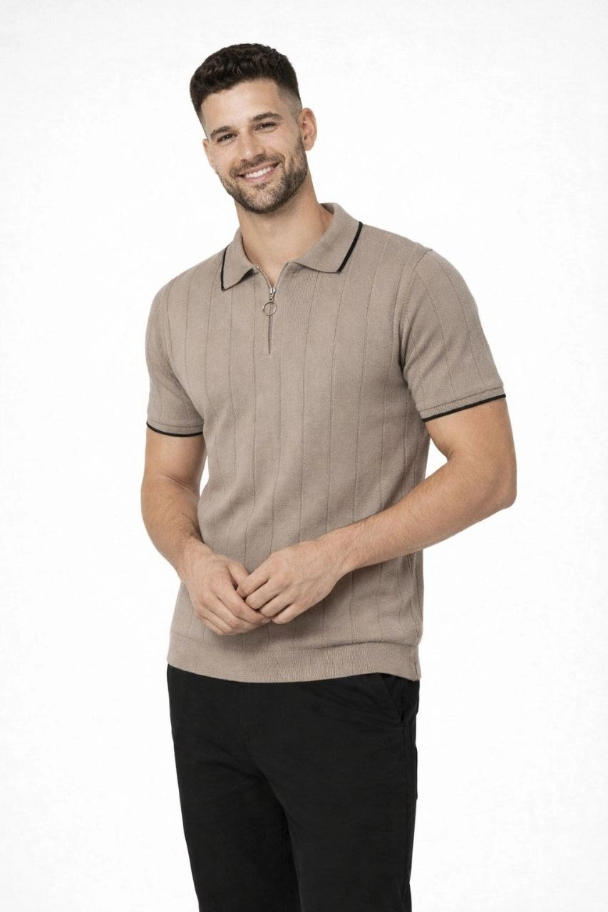 6981a7bb3c680-66004892-sw853sh1280 Erkek Triko Tişört Fermuarlı Polo Yaka Kısa Kol T-Shirt 3’lü Set Kahve-Siyah-Beyaz - Görsel 2