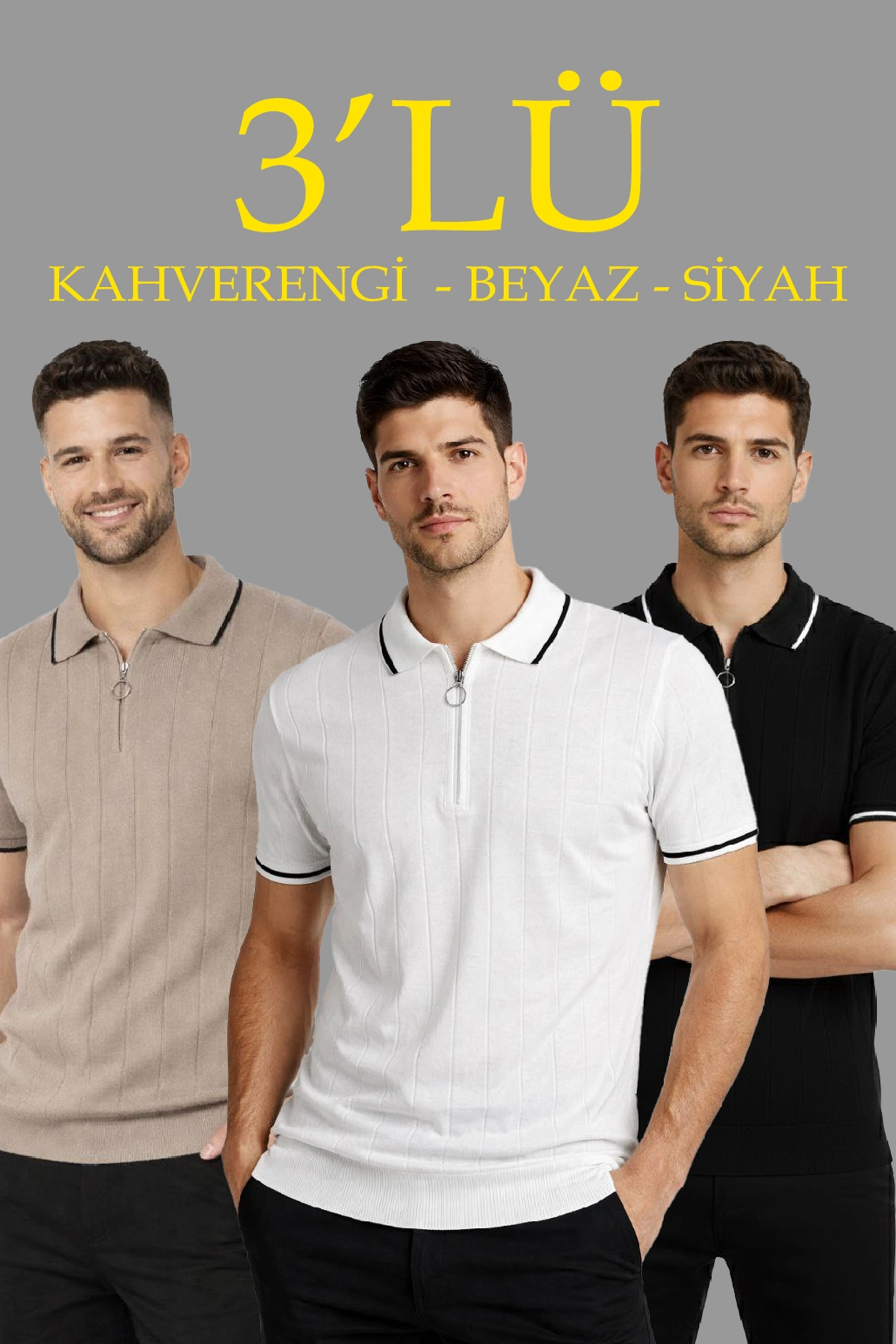 6981a7bba9f8b-12154447-sw1030sh1545 Erkek Triko Tişört Fermuarlı Polo Yaka Kısa Kol T-Shirt 3’lü Set Kahve-Siyah-Beyaz