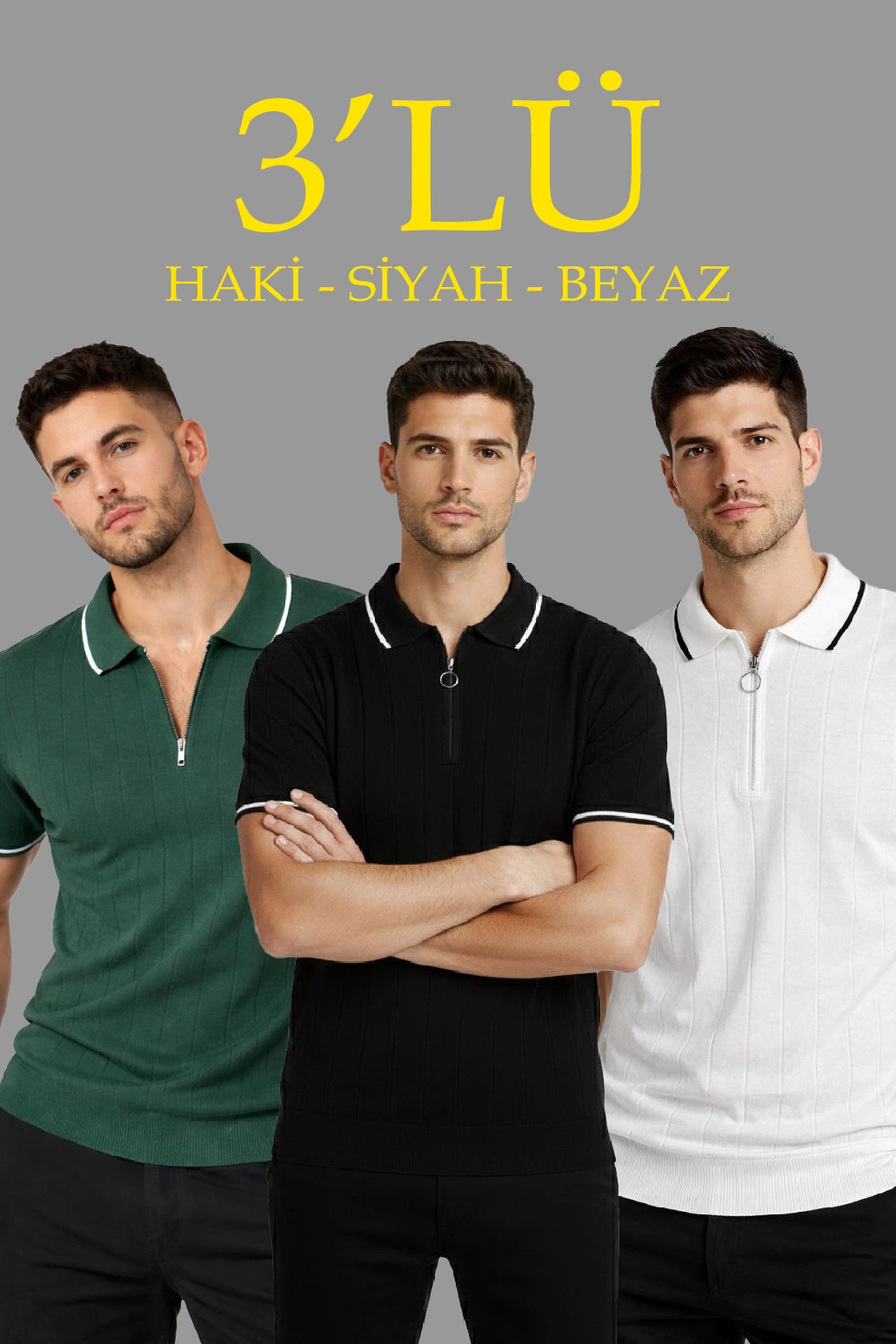 6981aa096f9a2-91102214-sw1030sh1545 Erkek Triko Tişört Fermuarlı Polo Yaka Kısa Kol T-Shirt 3’lü Set Beyaz-Haki-Siyah