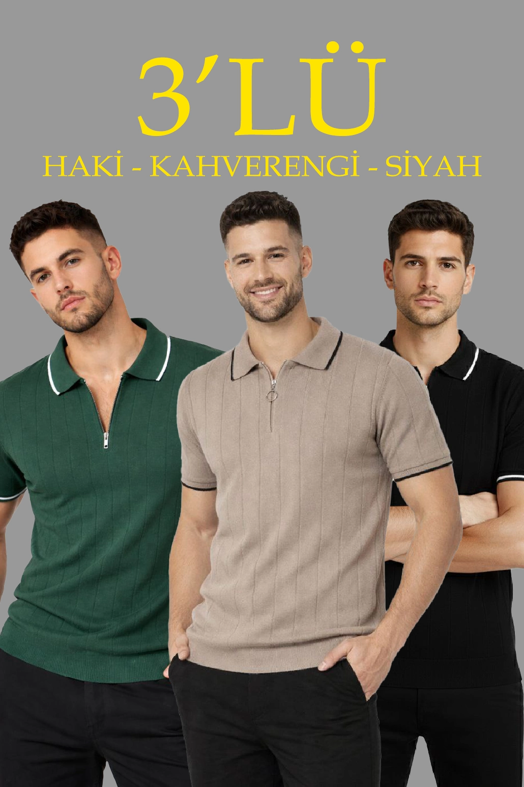 6981c97f5397c-79457967-sw1030sh1545 Erkek Triko Tişört Fermuarlı Polo Yaka Kısa Kol T-Shirt 3’lü Set Siyah-Kahve-Haki