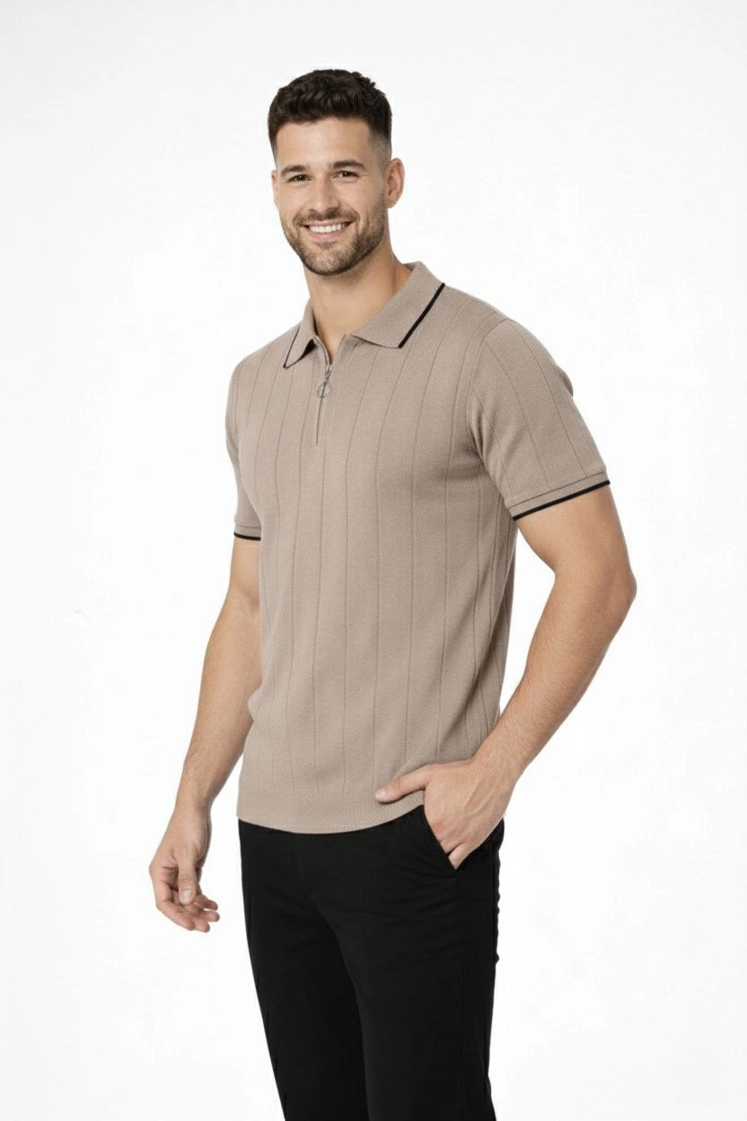 6981c99bdf927-77398323-sw832sh1248 Erkek Triko Tişört Fermuarlı Polo Yaka Kısa Kol T-Shirt 3’lü Set Siyah-Kahve-Haki - Görsel 2