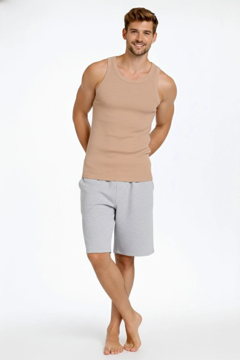 69844e185a4b3-55750964-sw832sh1248 Erkek Fitilli Atlet Sıfır Yaka Slim Fit Arka Baskılı Spor Atlet - Bej - Görsel 2