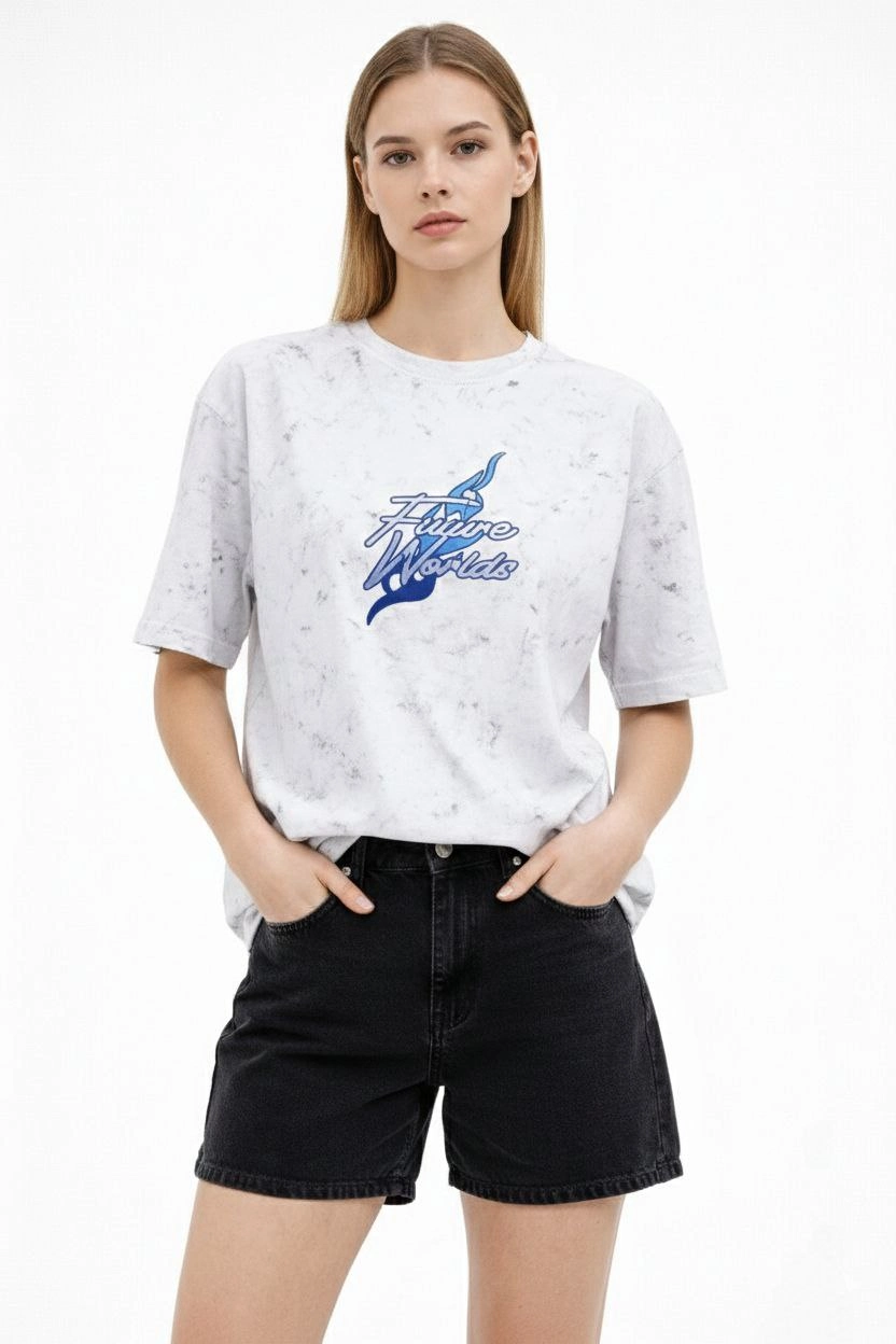 6991b4e4323dd-60814480-sw832sh1248 Kadın Asit Yıkamalı Oversize Tişört Bisiklet Yaka Kısa Kol T-shirt - Beyaz
