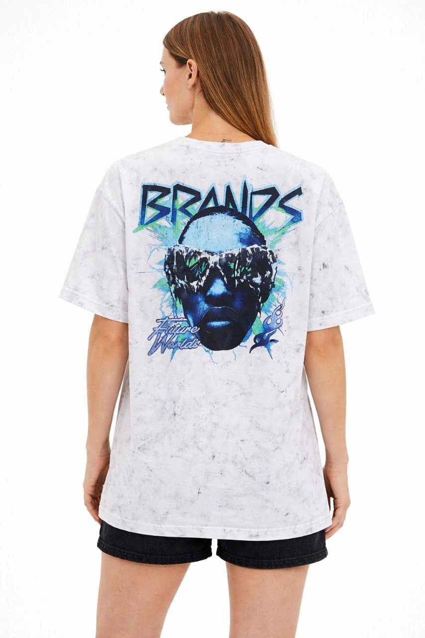 6991b4e43b645-6971771-sw853sh1280 Kadın Asit Yıkamalı Oversize Tişört Bisiklet Yaka Kısa Kol T-shirt - Beyaz - Görsel 2