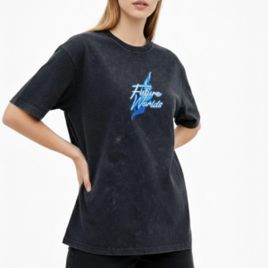 Kadın Asit Yıkamalı Oversize Tişört Bisiklet Yaka Kısa Kol T-shirt - Siyah