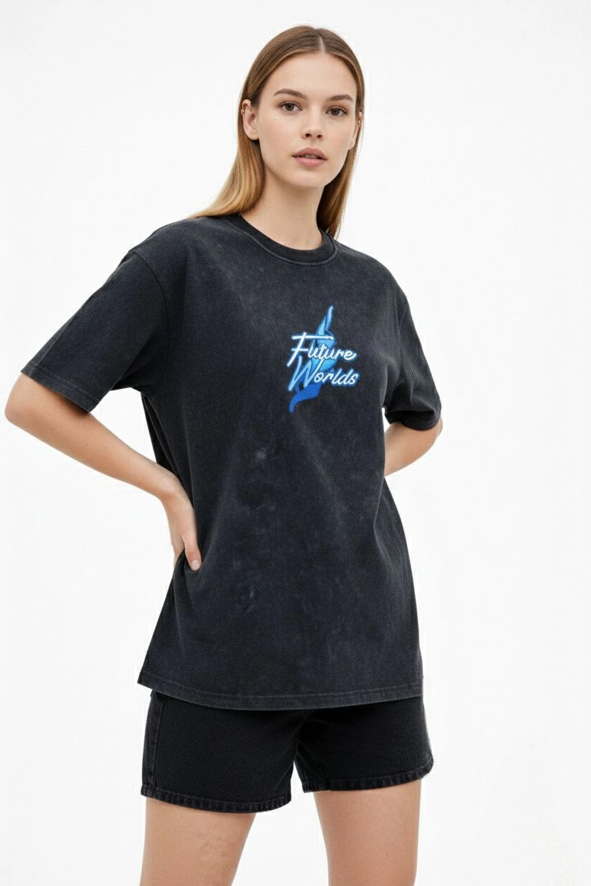 6991b5375a018-66318590-sw832sh1248 Kadın Asit Yıkamalı Oversize Tişört Bisiklet Yaka Kısa Kol T-shirt - Siyah
